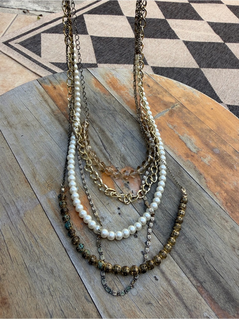 Boho Multistrand Pearl Crystal Mixed Metal Layered Statement Necklace